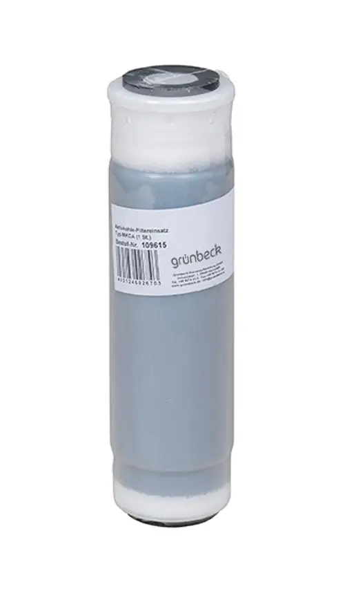 Graue Filterpatrone mit weißem Boden, beschriftet mit Produktinformationen und Barcode, von der Marke Grünbeck, für die Filtration in Wasser- oder Luftsystemen geeignet.